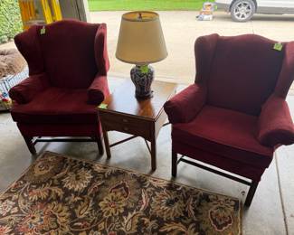 Wing back chairs, rug, side table, lamp