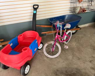 Little Tykes wagon, girls bike, wheelbarrow