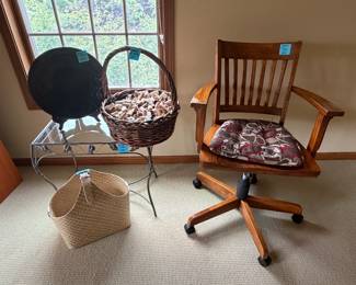 antique wooden office chair, baskets, corks