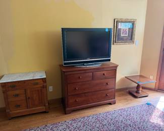 Marble cabinet, Young America dresser, TV