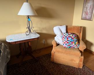 gold side chair, marble top side table