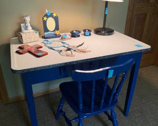 Enamel table, chair, lamp