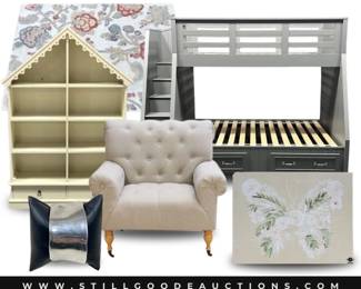 Williams Sonoma bunk beds, 8 person tent, Waterford, pewter, patio furniture, pop up tent, cowhide rug, neatdesk scanner, children’s books, little house on the prairie book set, singer sewing machine, sunglasses, copper, golf practice net, Samsung refrigerator, xbox 360, Samsung washing machine and dryer, Mongoose scooter, cast iron, Bocce game set, Vera Bradley, William Sonoma bed, torque wrench, willow tree, Harmony Kingdom, pots and pans, Fenton, Mitchell Gold boxes, and much more!