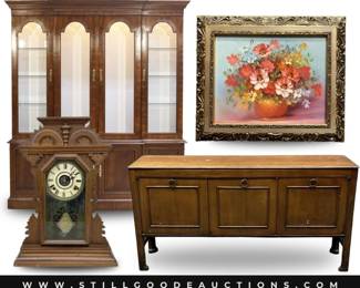 Drexel furniture, vintage record cabinet, holiday items, diamond jewelry, craft supplies, exercise equipment, guitar, gun cabinet, deer mounts, watercolor paintings, Elvis Presley, Ethan Allen, military books, Kendra Scott jewelry, Seiko watch, toys, floral arrangements, climbing arch, dolls, coral necklaces, reclining media sofa, and much  more!