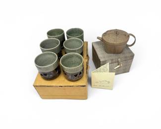 153 JapaneseStylePotteryTeapotw6CrackleGlazeTeaCups