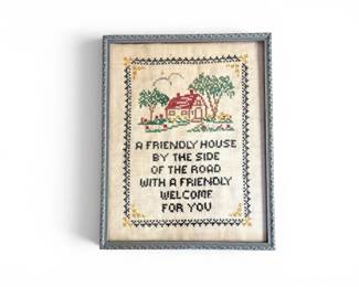 120 VintageFramedHandStitchedAFriendlyHouseNeedleworkSampler