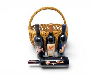 231 VintageMarilynMonroeNormaJeanMerlotBottleswWickerBasket