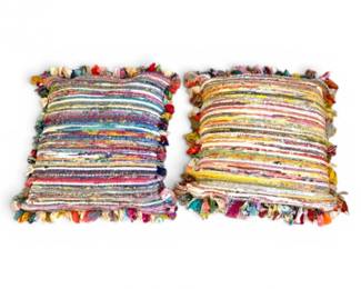 133 PairofHandwovenRagThrowPillowswColorfulFringe
