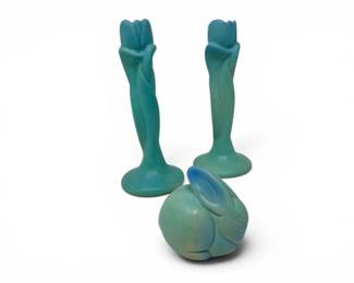 49 VanBrigglePotteryTulipCandlesticksRabbitFigurine3Pcs
