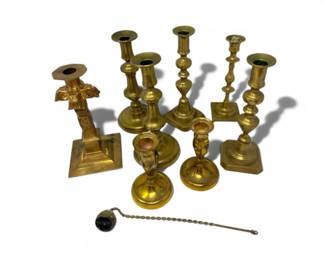 109 Collectionof8BrassCandlestickswCandleSnuffer