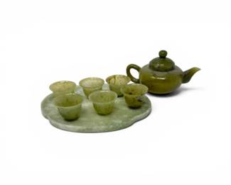 68 NaturalGreenJadeCarvedTeaSetwTeapotTray6Cups