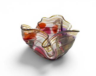17 ScottLauraCurryHandBlownPinkPurpleGlassRuffledBowlSigned