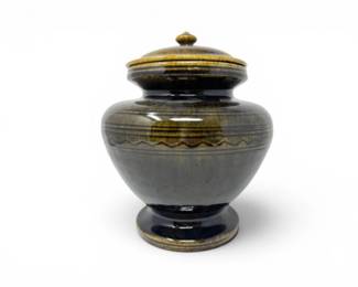 145 SignedStudioArtPotteryLiddedStonewareJarBrownGlaze