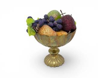 72 EngravedBrassPedestalBowlwBeadedFauxFruitCenterpiece