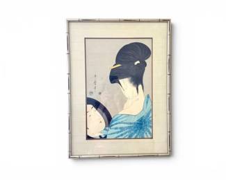 129 UtamaroJapaneseWoodblockPrintofBeautyinMirrorFramed