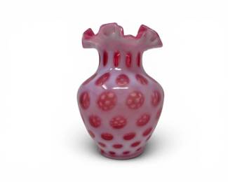 142 FentonStyleCranberryOpalescentCoinDotRuffledArtGlassVase