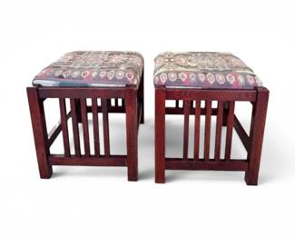 69 VintagePairofMissionStyleWoodUpholsteredFootStools