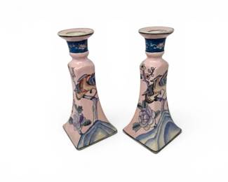 51 PairofAndreabySadekPinkBirdFloralCeramicCandleholders