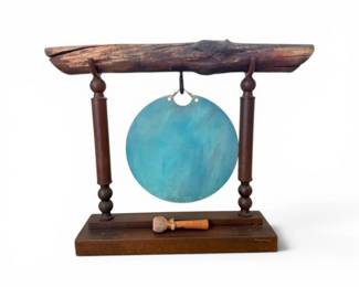12 ArtistSignedGongSculpturewCastIronBaseWoodBeamHeavy