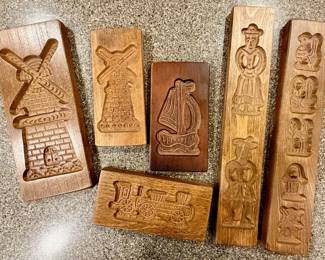 Dutch speculaas (wooden cookie moulds) used for making traditional spiced cookies.