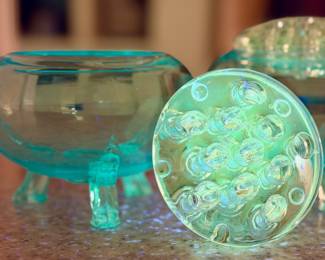 Viking Glass "Flowerlite" frog bowl under UV light.
