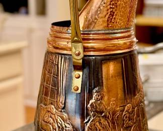Brass handled embossed and hammered copper coal ash shuttle bucket.