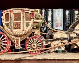 Antique Hubley cast iron lighted coach and horse doorstop.