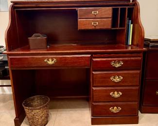 Cherry roll top desk, opened.
