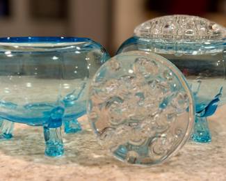 Viking Glass "Flowerlite" three-foot teal frog bowl.  UV reactive (see next picture).