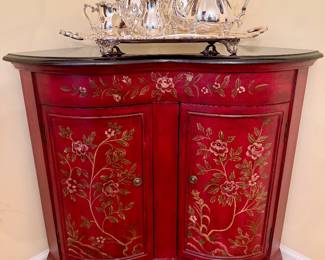 International Silver Co tea and coffee set on one of two corner cabinets.