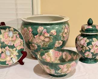 Various green floral Chinese pottery.