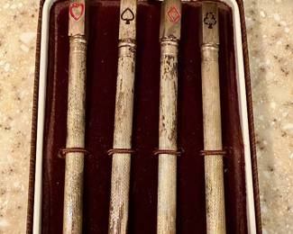 Sterling silver mechanical bridge pencils showing wear but in working condition.