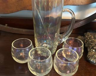 West Virginia Glass Draping Rainbow Iridescent Cocktail Pitcher Set