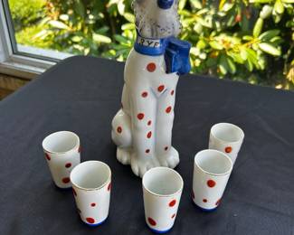 1950’s Pocelain Party Pup Dalmatian Rye Decanter and Shot Glasses