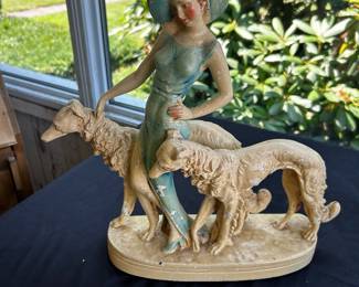 Art Deco Statue Woman w 2 Wolfhounds
