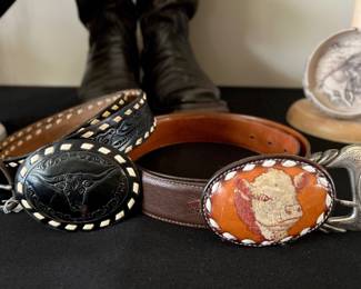 Tony Llama belt and buckle and black tooled belt and buckle