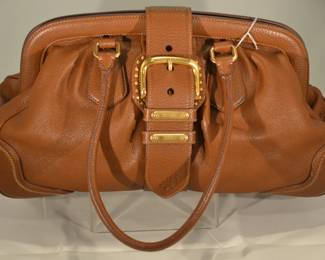 New Authentic Pebbled Leather Tabacco Handbag with Gold Tone Trim. Includes Certificate of Authenticity