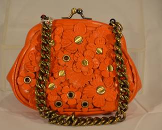 Adorable Orange  Leather Isabella Fiore with Floral Appliques and a Heavy Chain Strap Coin Purse Wristlet