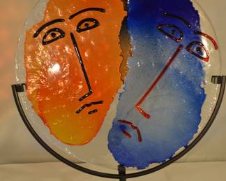 Mid Century Murano, Italy 18" Glass Disc by Mario Badioli on Metal Stand