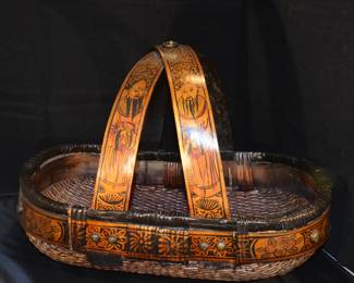Antique Hand Painted Oval Asian Gathering Basket, 20.5"w x 15.5" h x 12.5"d