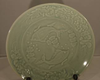 Maitland Smith, Hand Made 14.5" Decorative Celadon Charger Plate, "Marital Bliss"