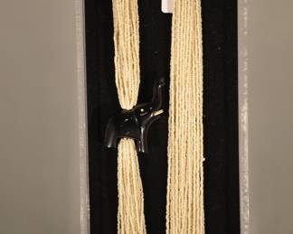 Bajalia Multi Strand White Sea Pearls with Attached Black Onyx Carved Elephant, Hand Made 32" Necklace