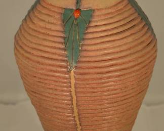 Ribbed Hand Made 9.5" Vase with Holly Leaf Design