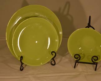 Mid Century Arc France "Green Opaline" three piece place setting for eight, 9.75" Dinner Plate, 8" Salad Plate and 6.5" Bowls