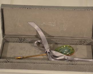 Vintage Lalique Crystal Leaf Stick Pin Features a Green Art Glass Cabochon in its Original Presentation Box