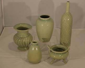 A Collection of Celadon Vessels, including a Swirl 5.5" Mailtland Smith  Vase