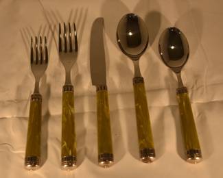 Vintage EME Italia Green Marbled  18/10 Stainless Flatware. 5 Piece Service for 10