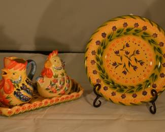 Vintage Tabletops  Unlimited,"Fontana"  Colorful 3 Piece Cream, Sugar and Tray Shown with a  8.75" Luncheon Plate, Set of 12