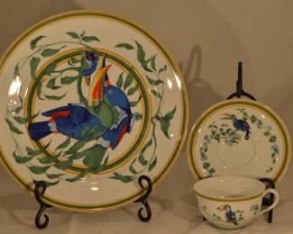 Hermes Paris Toucan Dinnerware, 3 piece place setting, service for eight in mint condition. Dinner Plate is 10 3/4"