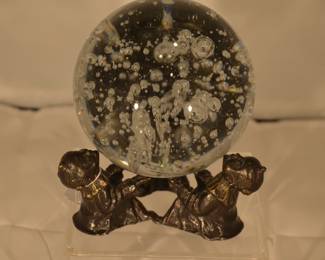 Vintage Chinese Bronze and Gold Gilt Base with 5" Glass Controlled Bubble Ball Decorative Art